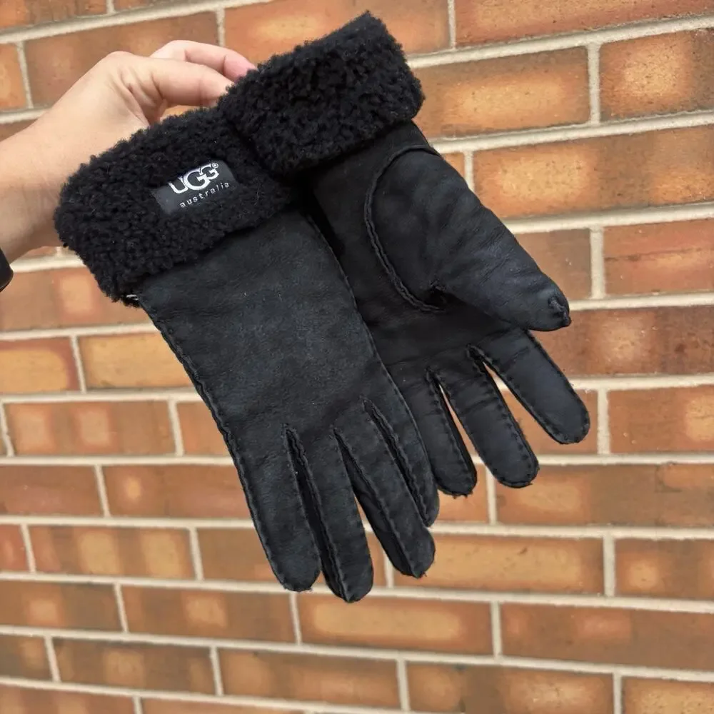 UGG Sheepskin Gloves Womens Medium Black Trimmed Shearling Leather Turn Cuff